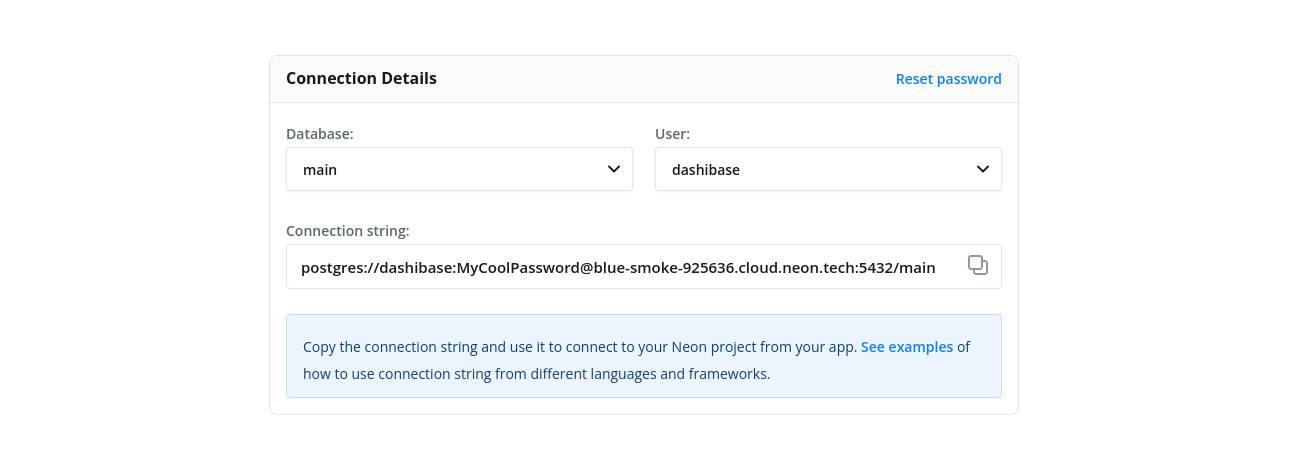 Screenshot showing database credentials on Neon