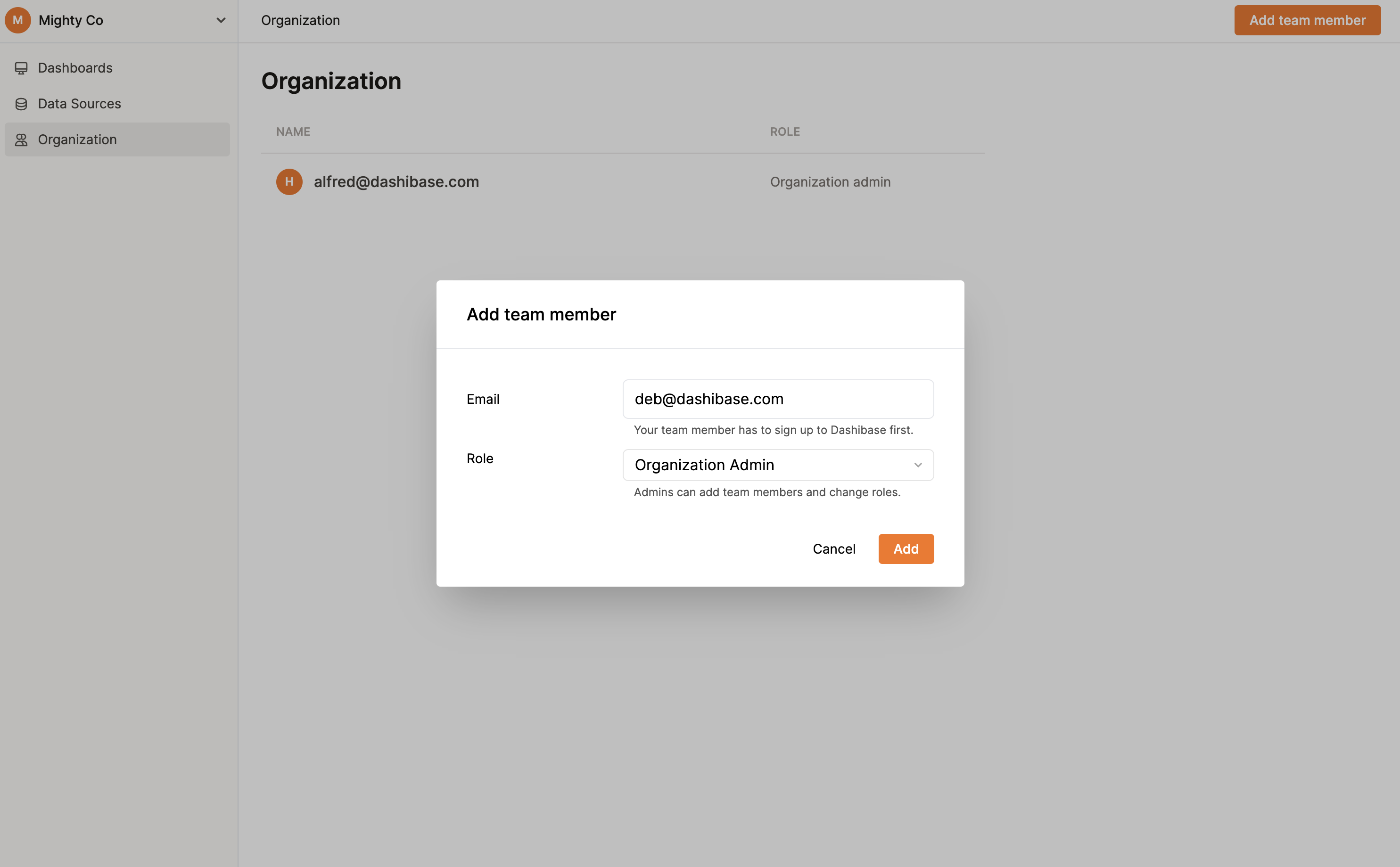 Adding a team member to your organization in Dashibase