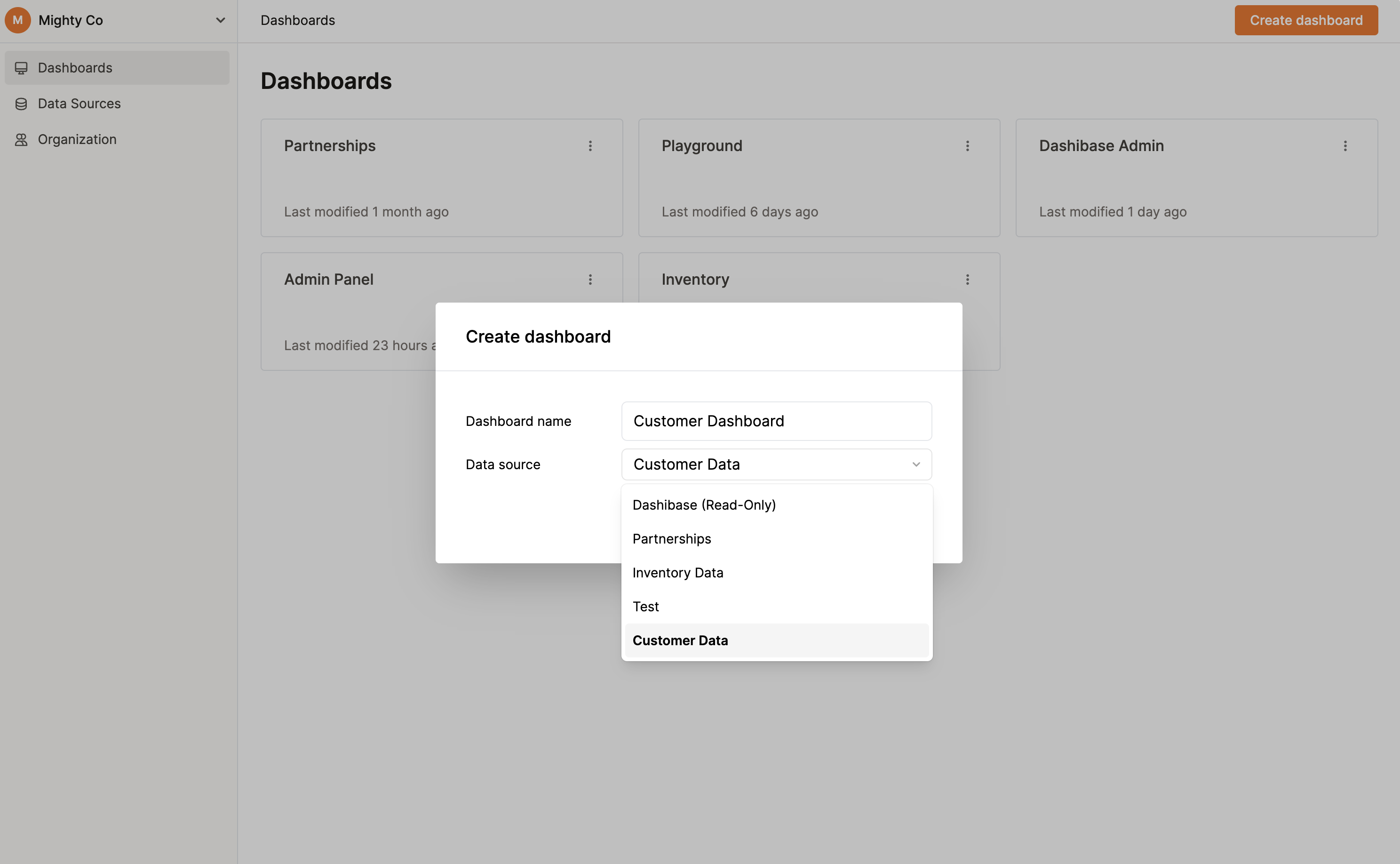 Creating a dashboard in Dashibase