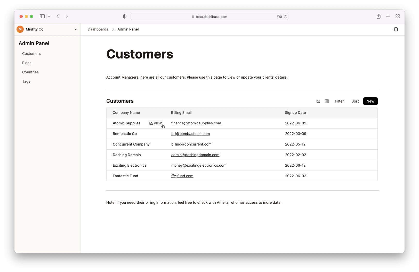 An internal customers dashboard built with Dashibash