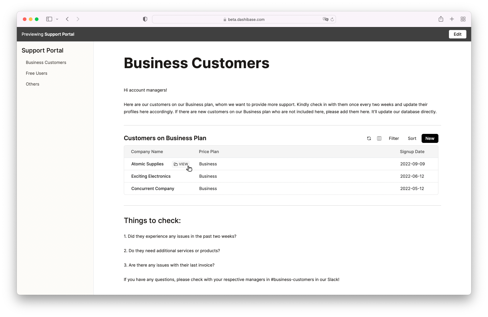 A customer support portal built with Dashibase