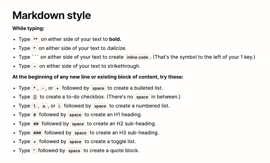 Notion's markdown formatting shortcuts