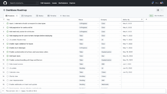 Dashibase roadmap