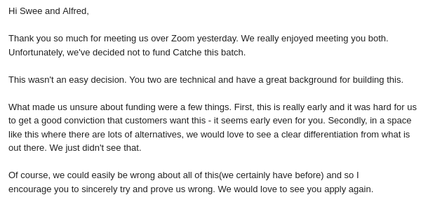 Our rejection email from YC.