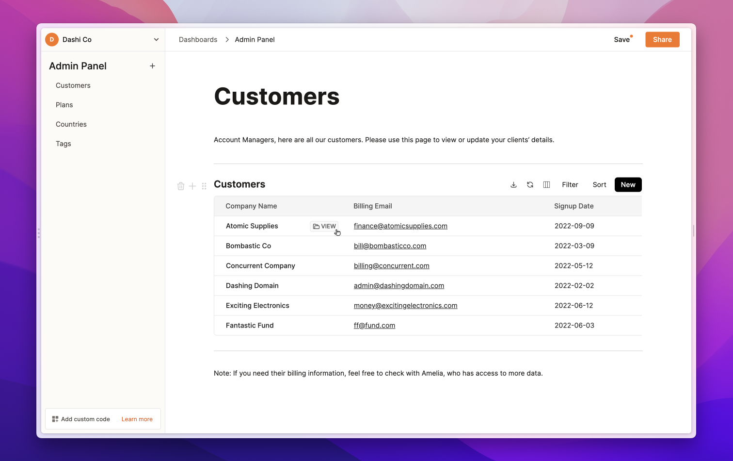 Customer dashboard in Dashibase