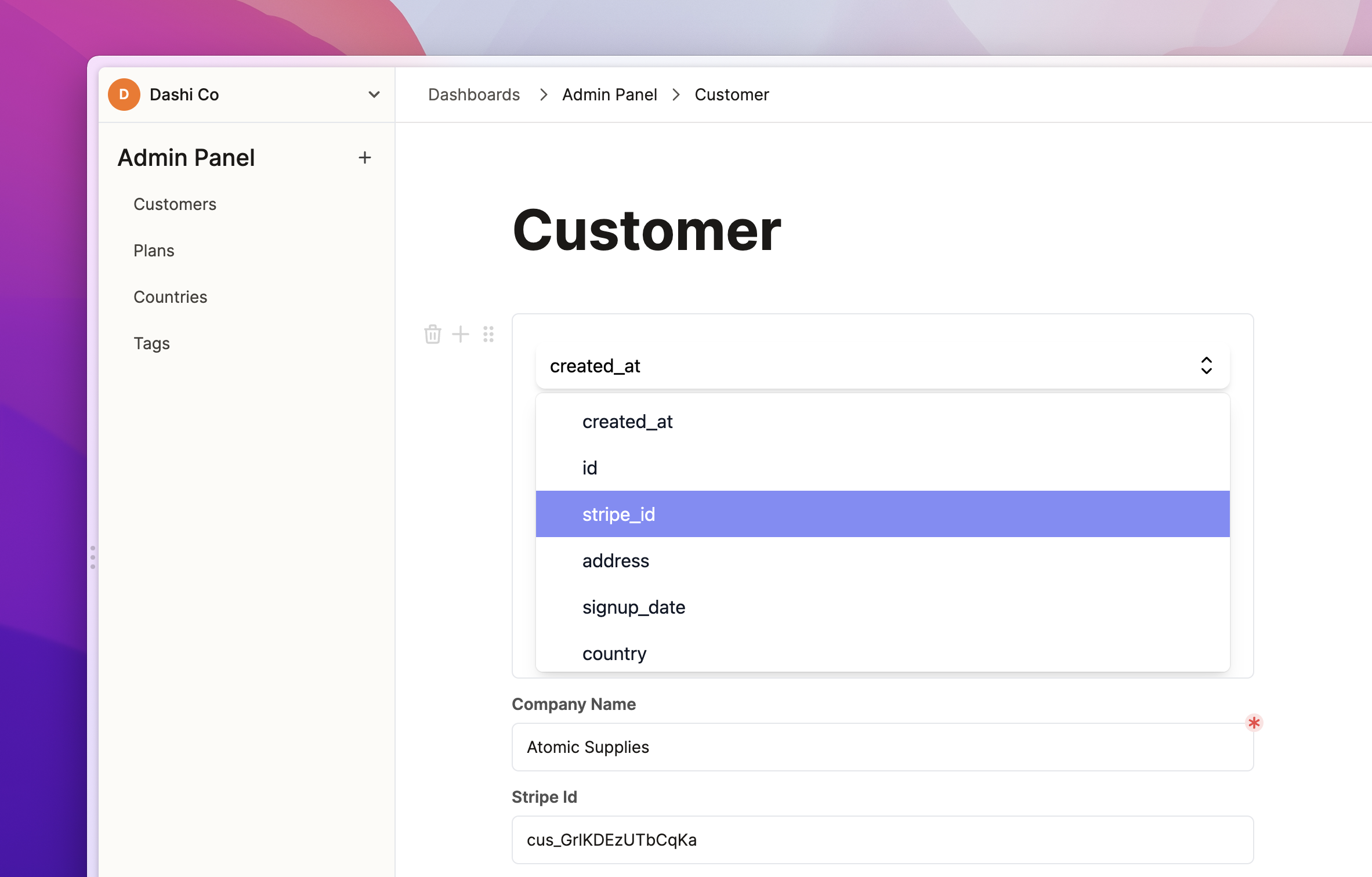 Select column with the Stripe customer ID