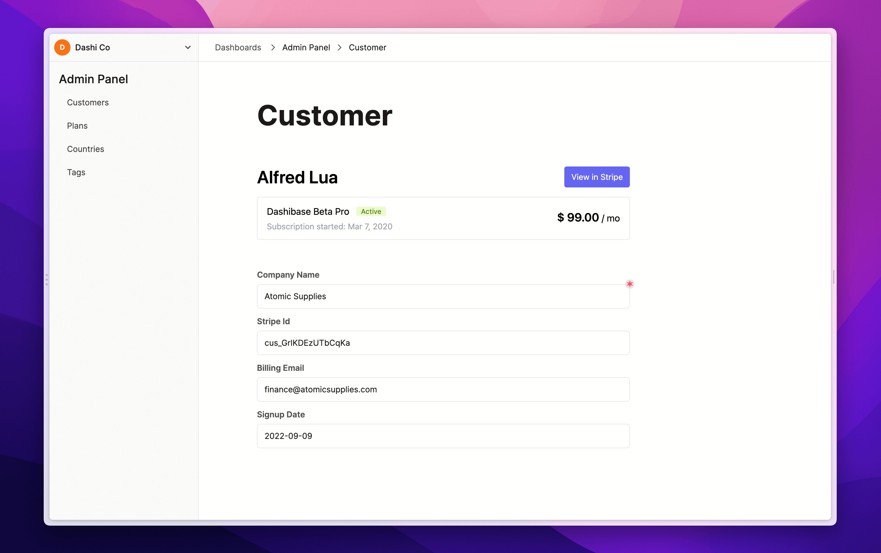 Stripe plugin in the customer page